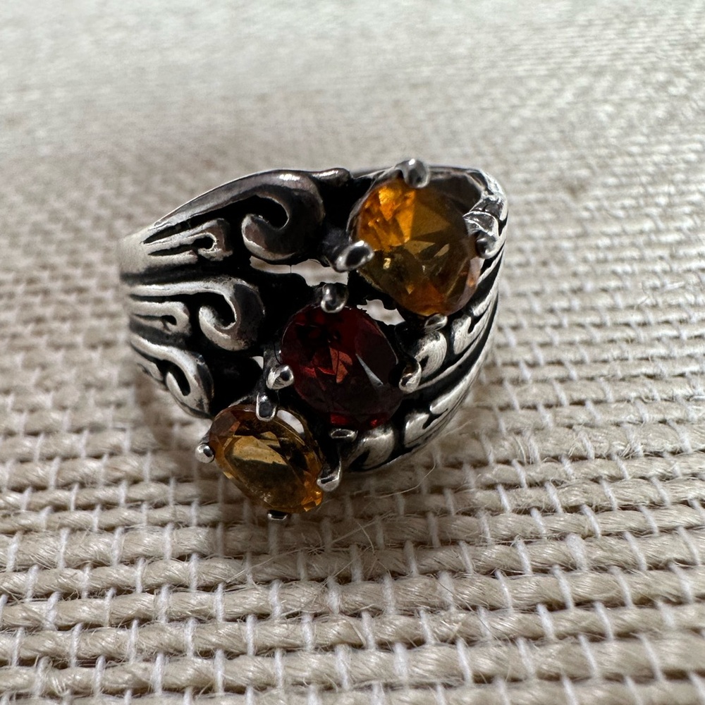 Vintage Citrine & garnet sterling silver ring size 7 3/4